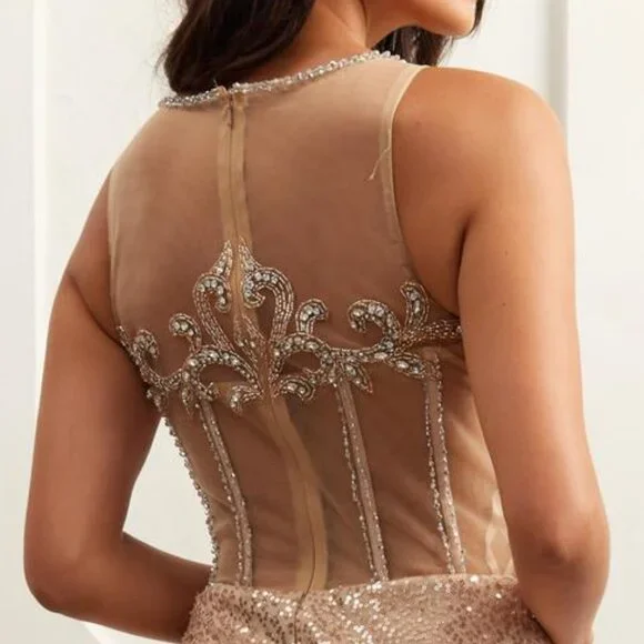 NEW FORMAL SLEEVELESS SHEATH BEADED DRESS W/ ILLUSION BOAT NECKLINE AC AG0111